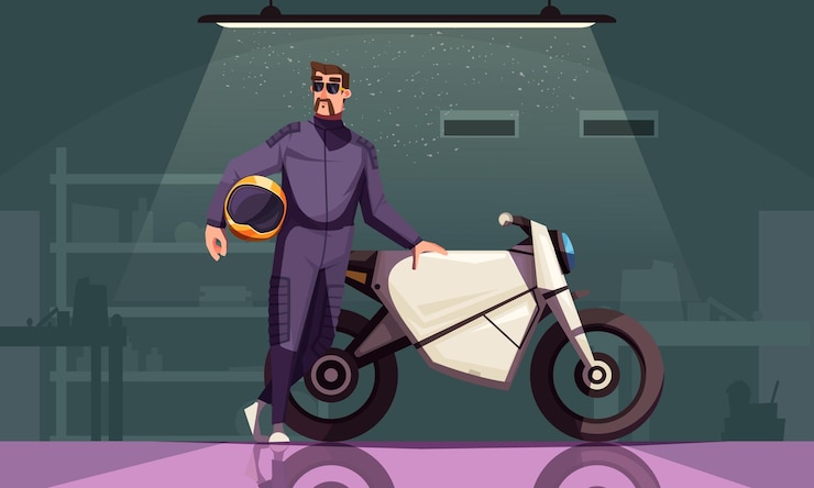 Vector gratuito cartel de dibujos animados de motocicleta con motorista masculino fresco en la ilustración de vector de garaje