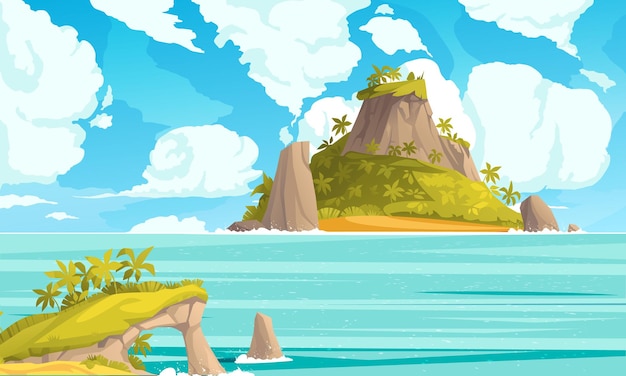 Cartel de dibujos animados de paisaje de isla tropical con mar colorido y hermosas nubes ilustración vectorial