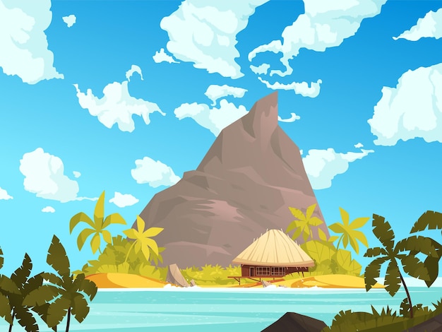 Vector gratuito cartel de dibujos animados de paisaje de isla tropical con palmeras e ilustración de vector de montaña