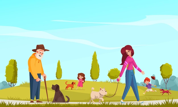 Vector gratuito cartel de dibujos animados paseando perros con dueños de mascotas felices en la ilustración de vector de parque