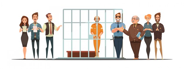 Cartel de dibujos animados retro de ley y justicia con anuncio de sentencia y condenado tras las rejas