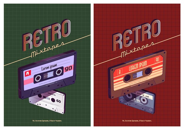 Cartel de dibujos animados retro mixtapes con casetes de cintas de mezcla de audio
