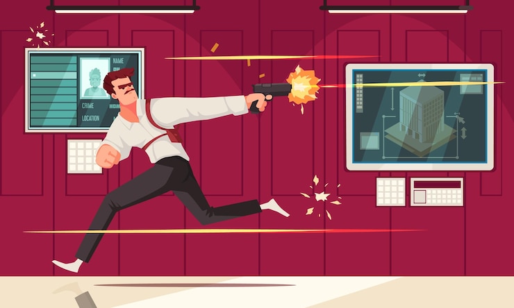 Vector gratuito cartel de dibujos animados de súper agente con hombre corriendo y disparando con una ilustración de vector de pistola