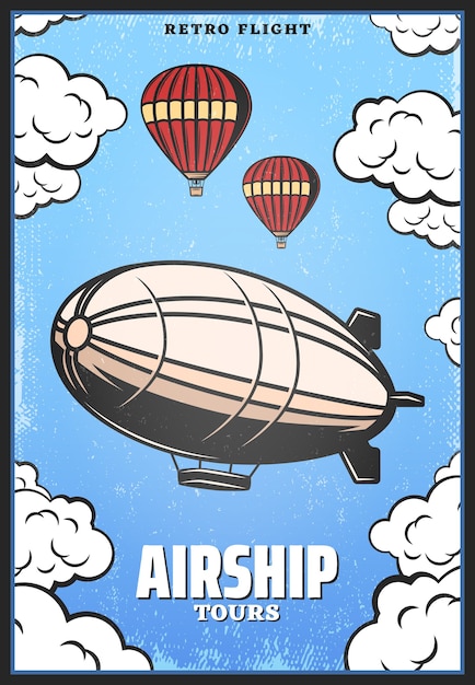 Vector gratuito cartel de dirigible de color vintage con zepelín o globos de aire caliente digirible sobre fondo de cielo