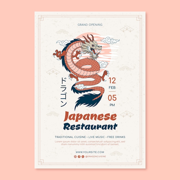 Cartel de dragón japonés dibujado a mano