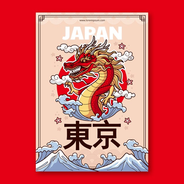 Cartel de dragón japonés dibujado a mano