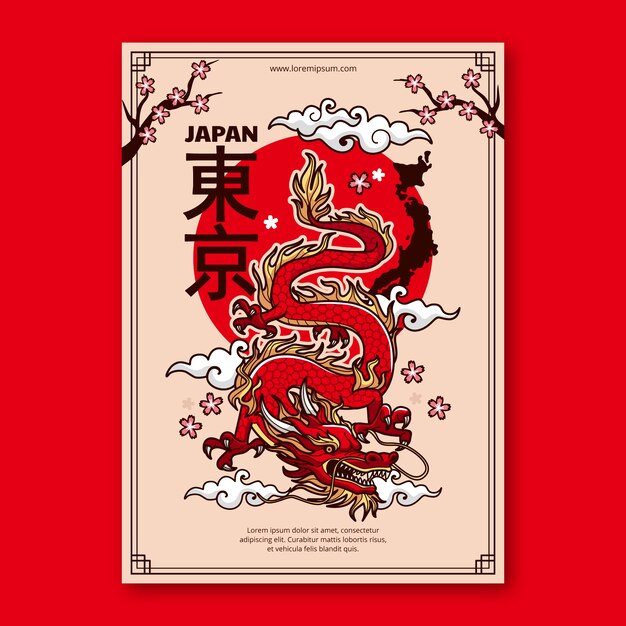 Cartel de dragón japonés dibujado a mano