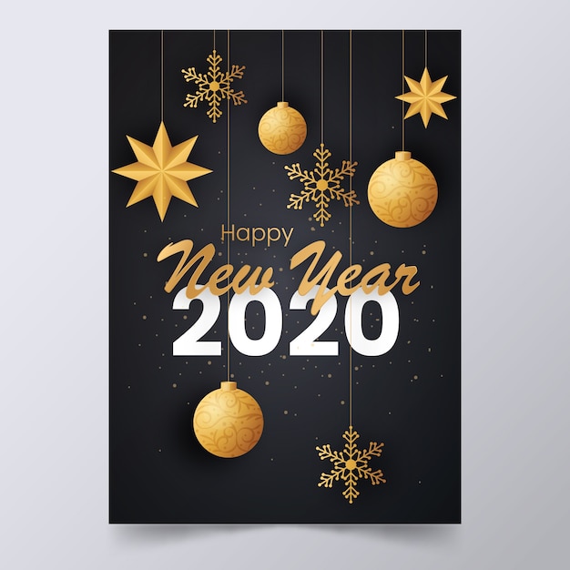 Cartel elegante de año nuevo 2020 con decoraciones colgantes