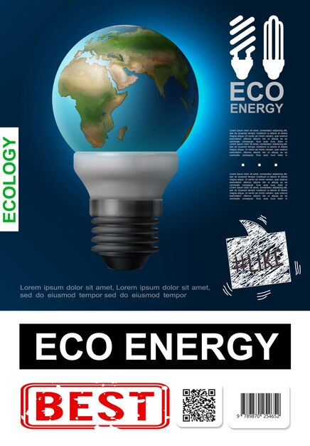 Cartel de energía ecológica realista con el planeta Tierra insted de vidrio en una bombilla moderna en la ilustración azul