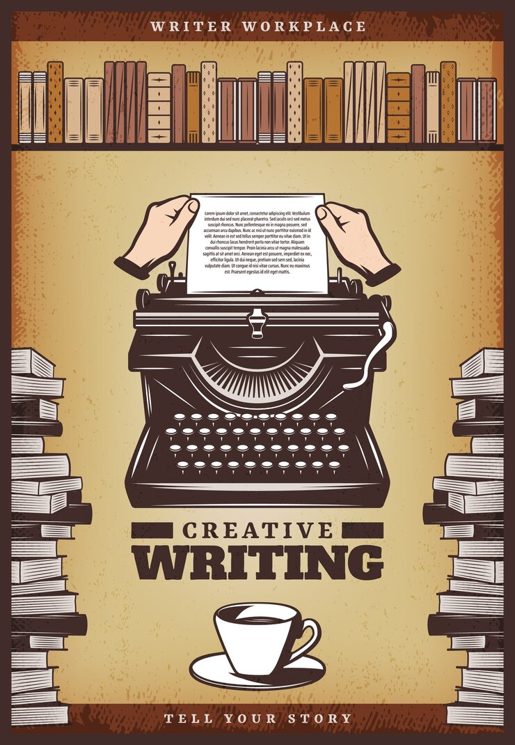 Vector gratuito cartel de escritor de color vintage con papel de inserción de manos en libros de taza de café de máquina de escribir y estantería