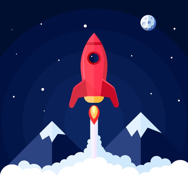Cartel espacial con lanzamiento de cohete con paisaje de montaña en ilustración de vector de fondo