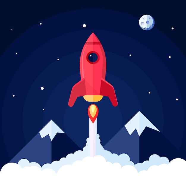Cartel espacial con lanzamiento de cohete con paisaje de montaña en ilustración de vector de fondo