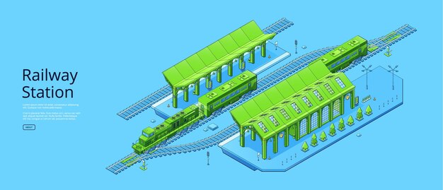 Cartel de la estación de tren con tren isométrico.