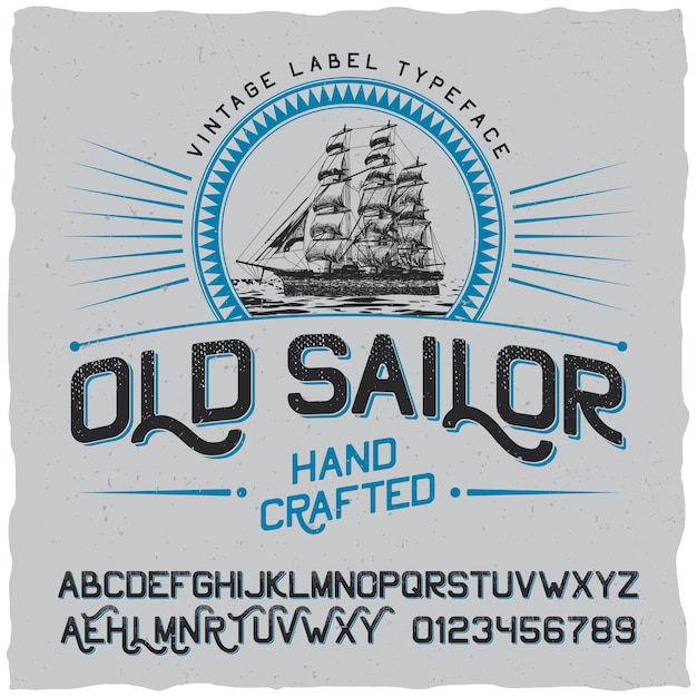 Cartel de etiqueta vintage antiguo marinero con recipiente en el círculo y alfabeto