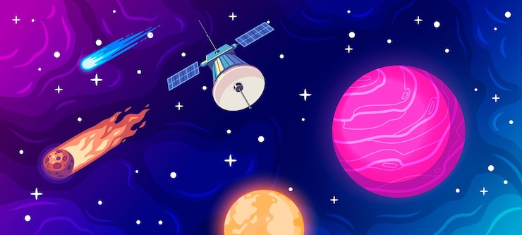 Vector gratuito cartel de exploración espacial horizontal con planetas satelitales y meteoritos ilustración vectorial de dibujos animados