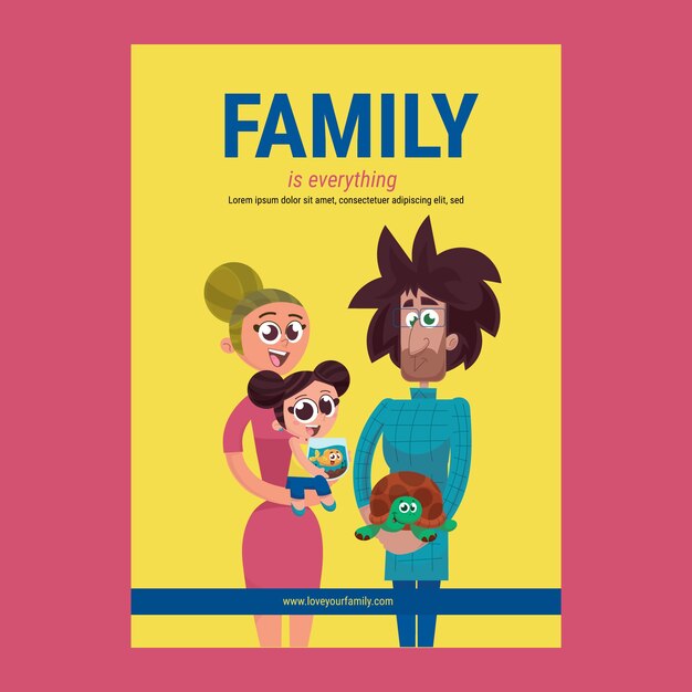 Cartel de familia con mascotas.