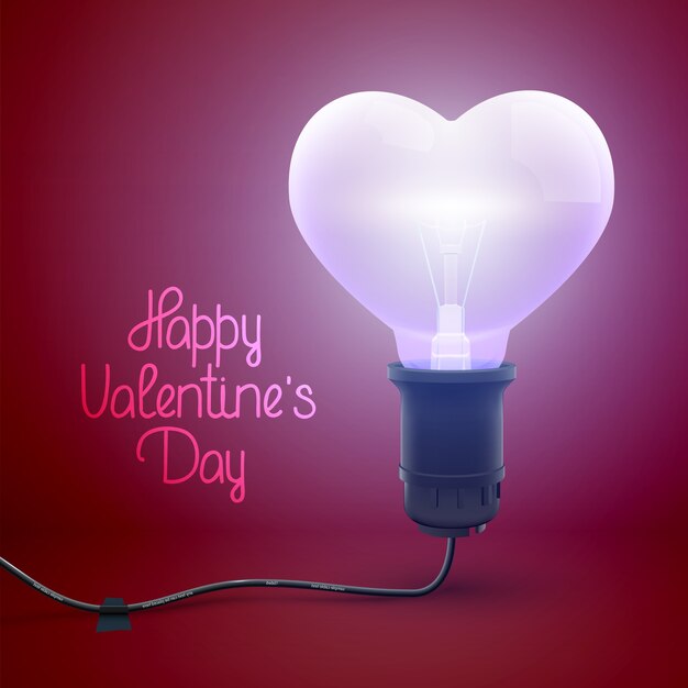 Cartel de feliz día de San Valentín con inscripción de saludo y bombilla con cable iluminada realista en la ilustración de vector de forma de corazón