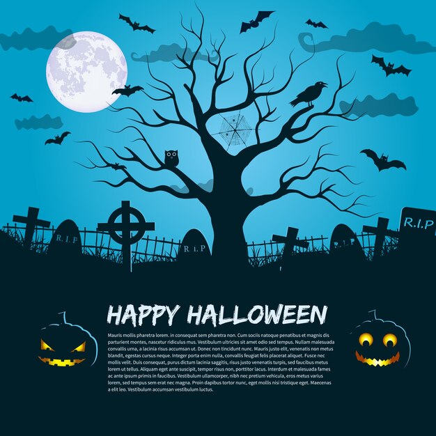 Cartel de feliz Halloween con silueta de árbol muerto en el cielo nocturno de luna y lugar para texto de invitación plano