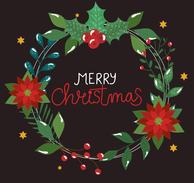 Cartel de feliz navidad con flores y hojas