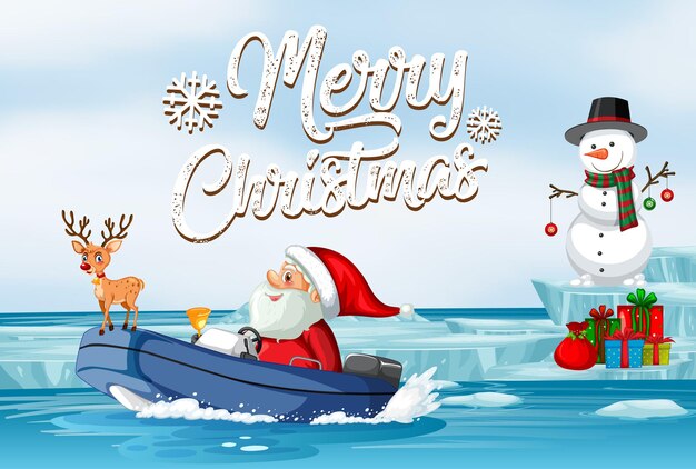 Cartel de feliz navidad con santa conduciendo barco