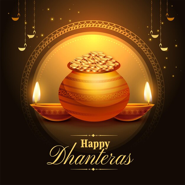 Cartel del festival feliz dhanteras con diya brillante y olla de monedas doradas