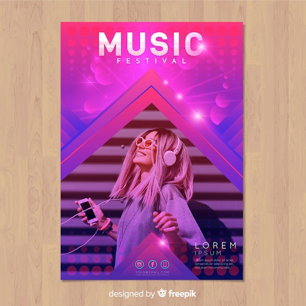 Vector gratuito cartel de festival de música colorido y gradiente con imagen