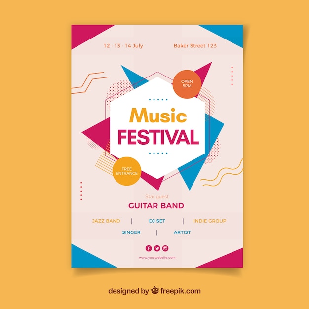 Cartel de festival de música en estilo plano