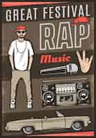 Vector gratuito cartel de festival de música rap de color vintage con gesto de mano de micrófono de boombox de coche de rapero de inscripción
