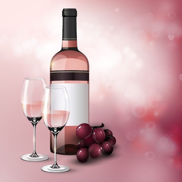 Cartel festivo de saludo realista con botella de racimo de uvas y vasos llenos de vino rosado