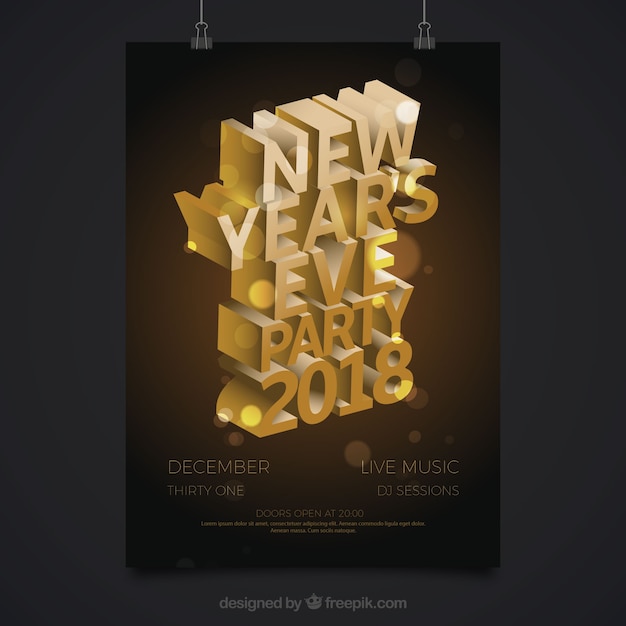 Vector gratuito cartel para fiesta de año nuevo con efecto 3d