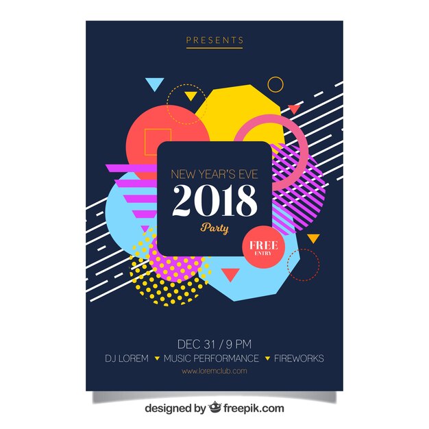 Cartel de fiesta de año nuevo con figuras geométricas coloridas
