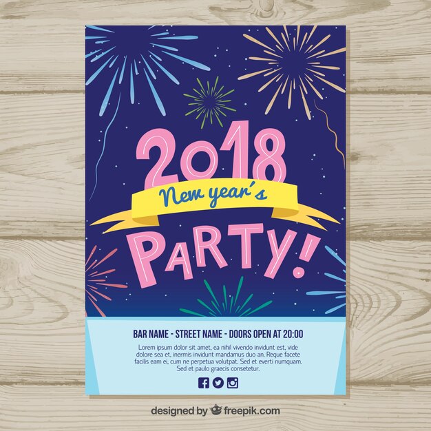 Cartel de fiesta de año nuevo con fuegos artificiales dibujados a mano