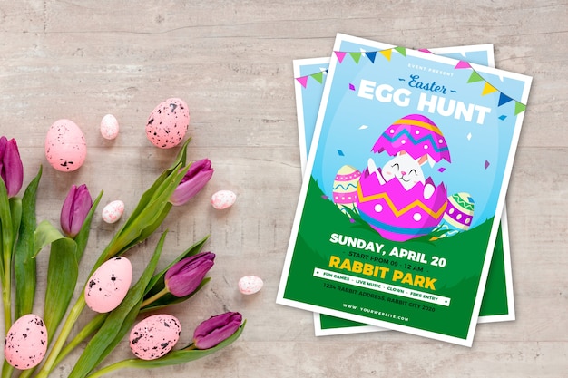 Vector gratuito cartel de fiesta de caza de huevos de pascua con tulipanes