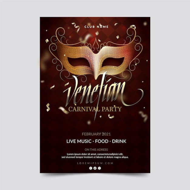 Cartel de fiesta de confeti y máscara de carnaval de venecia vector gratuito