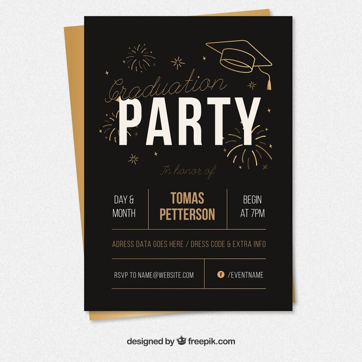 Vector gratuito cartel de fiesta de graduación negro con elementos dorados