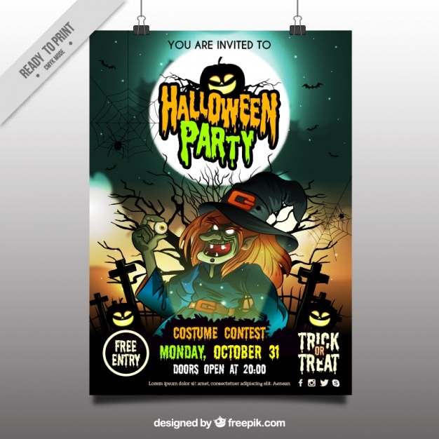 Vector gratuito cartel de fiesta de halloween con dibujo de bruja