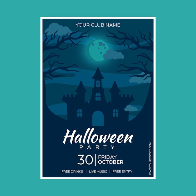 Cartel de fiesta de halloween de diseño plano con casa de miedo ilustrada