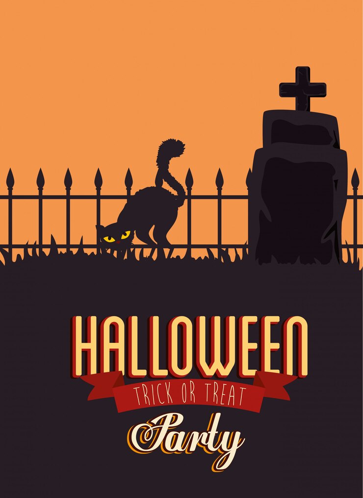 Vector gratuito cartel de fiesta de halloween con gato negro y lápida