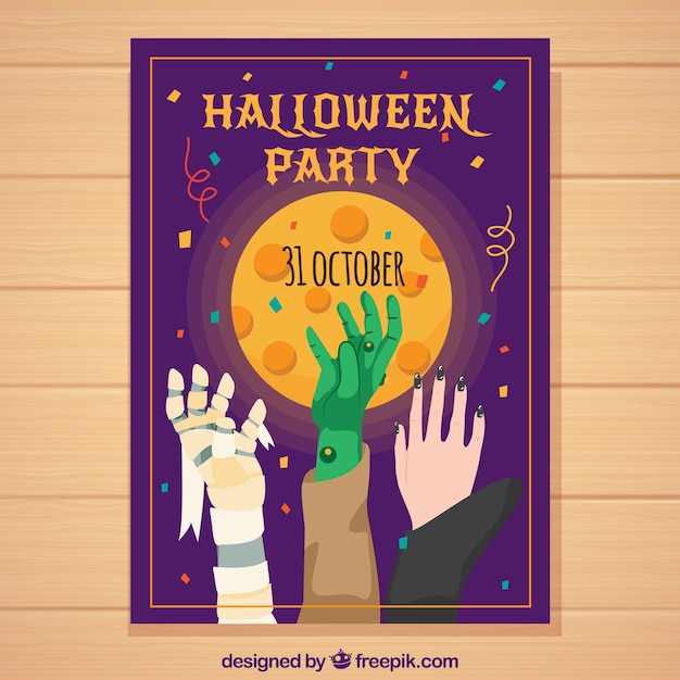 Cartel de fiesta de halloween con manos de personajes