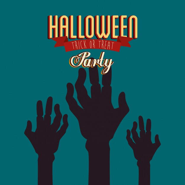 Cartel de fiesta halloween con manos zombie