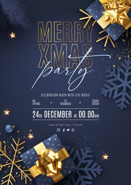 Cartel de fiesta de navidad con adornos y regalos realistas.