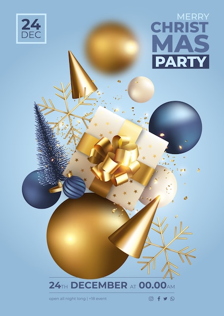 Cartel de fiesta de navidad azul y dorado con decoración realista