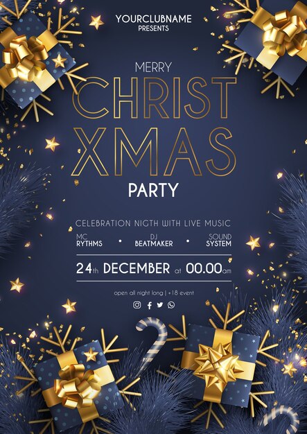 Cartel de fiesta de navidad elegante con regalos realistas