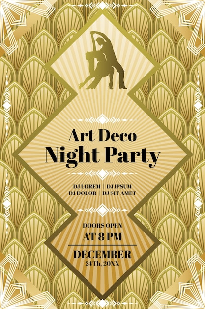 Vector gratuito cartel de fiesta de noche elegante art deco degradado