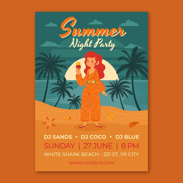 Vector gratuito cartel de fiesta de noche de verano dibujado a mano