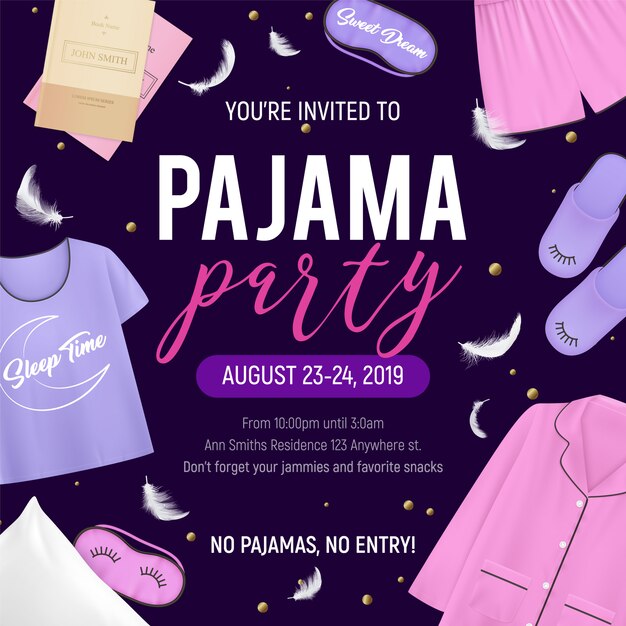 Cartel de fiesta de pijama de color con usted re invitado a la fiesta de pijama sin pijama sin ilustración de descripciones de fiesta