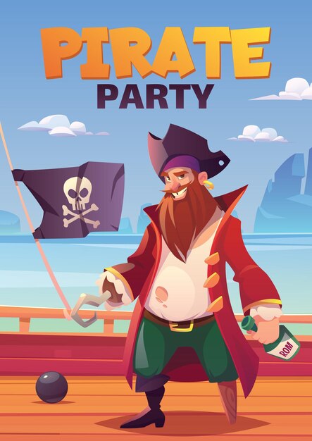 Cartel de fiesta pirata con capitán sonriente barbudo con mano de gancho y pierna de madera, sosteniendo una botella de ron en la cubierta de un barco de madera