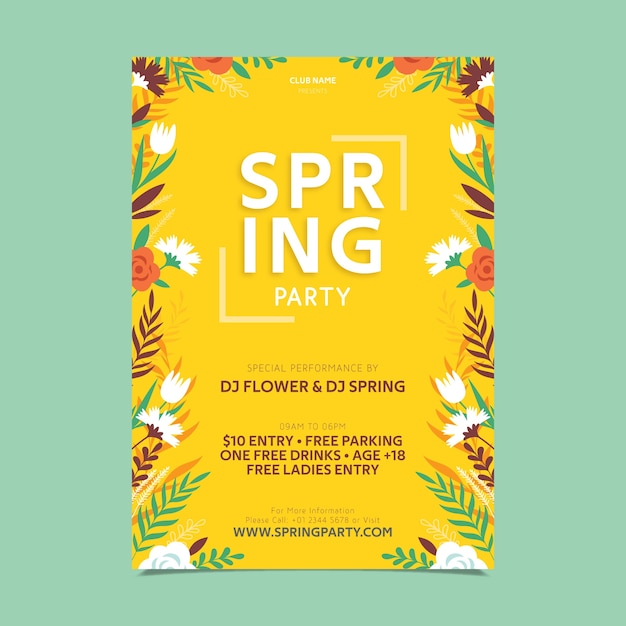 Cartel de fiesta de primavera de diseño plano de marco floral