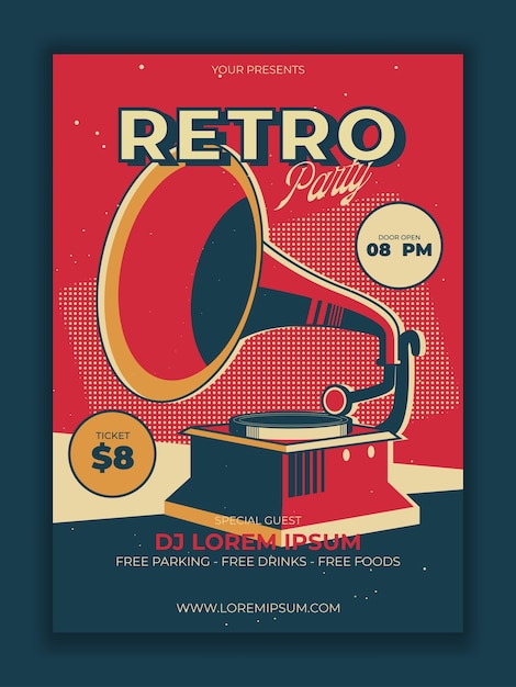 Vector gratuito cartel de fiesta retro vector con ilustración de gramófono vintage