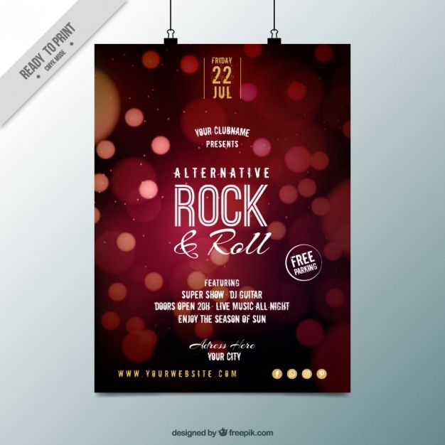 Vector gratuito cartel de fiesta de rock and roll con efecto bokeh